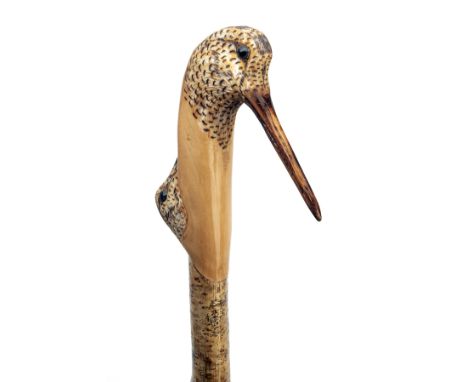IAN JAMES A FINE HAND CARVED SPORTSMAN'S STAFF, measuring approx. 50in. with hand carved top in the form of a woodcock, the n