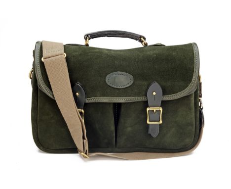 JO YORATH AN UNUSED GREEN SUEDE SATCHEL, with green leather handle and edging, two front pockets with stud fasteners, main fl