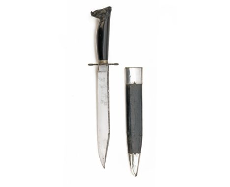 A RARE DELUXE VICTORIAN BOWIE KNIFE SIGNED THORNHILL, LONDON, WITH SILVER-MOUNTED SCABBARD AND CARVED EBONY HILT, the scabbar