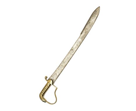 A RARE PIONEER SAWBACK SWORD/HANGER WITH LION-HEAD POMMEL, circa 1830s-1840s, with 22in. slightly curved steel blade with a 1