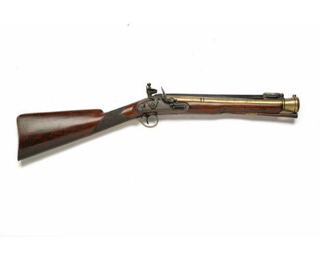 A 20-BORE FLINTLOCK BRASS-BARRELLED BLUNDERBUSS WITH SPRUNG BAYONET, SIGNED JONES, WREXHAM, no visible serial number, circa 1