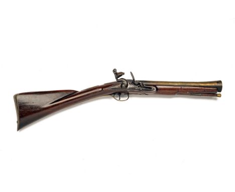 A 16-BORE FLINTLOCK BRASS-BARRELLED BLUNDERBUSS SIGNED BRUETON, no visible serial number, circa 1770, with flaring 12in. barr