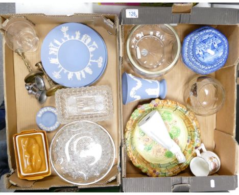 A mixed collection of items to include Wedgwood Jasperware plates &amp; vases, brass candlesticks, glassware , Mailing Ware t