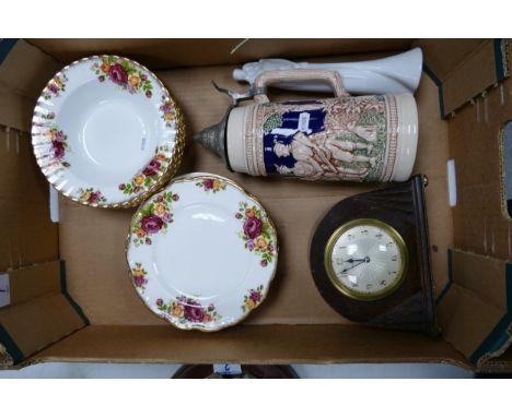 A mixed collection of items to include floral Sheriden pottery plates &amp; rimmed bowls, German Beer Stein, Piddocks wooden 