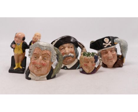 Royal Doulton Small Character jugs Long John Silver ,Sancho Panca, The Lawyer, Miniature Bacchus, &amp; Dickens figures Pickw