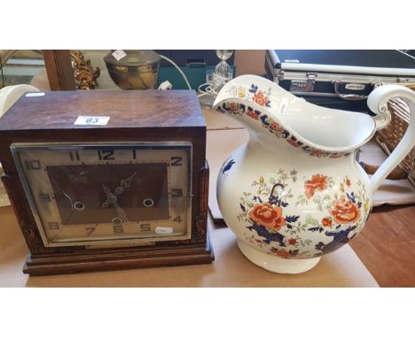 Oak Cased Art Deco Mantle Clock ( with presentation plaque ) (cracked glass) together with large floral decorated water jug, 