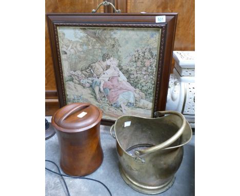 A mixed collection of items to fire screen, brass coal bucket &amp; mid century wooden Ice Bucket(3) 
