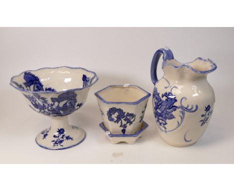 Blakeney Ironstone Blue &amp; White items to include large jug, small planter &amp; footed bowl, tallest 21cm(3) 