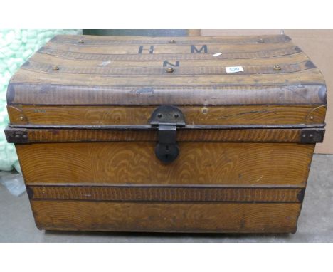 Original Painted Tin Travel Trunk, with brass lock, length 66cm 