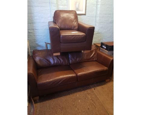 Contemporary mid brown leather 3 seater sofa and matching armchair. 