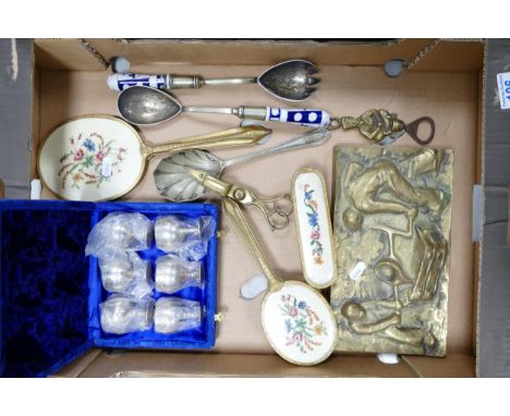 A mixed collection of items to include dressing table mirrors &amp; sets, Brass Foundry plaque, silver plated egg cups etc 