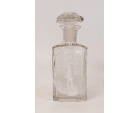 Vintage  etched glass scent bottle decorated with a girl playing . Height 12cm 