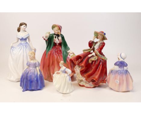 Royal Doulton Lady figures Top O The Hill (cracked) , Charlotte Hn4092, Fair Lady Hn3216, Dinky Doo Hn1678, Marie Hn1370 &amp
