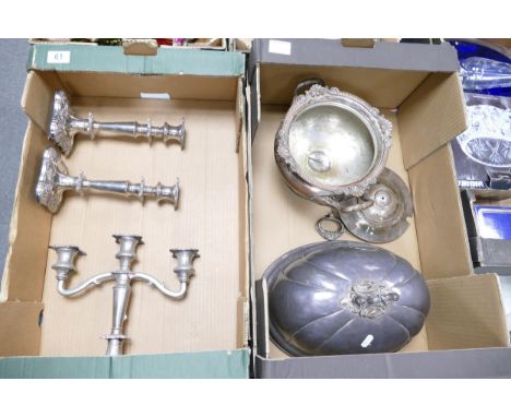 A mixed collection of metal ware items to include candlesticks, Footed tureen , Silver Plated Cloche etc(2 trays) 