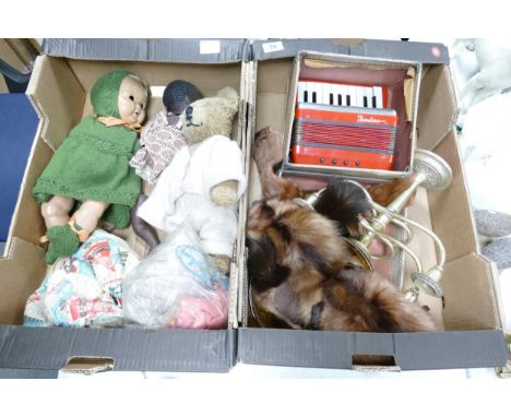 A mixed collection of items to include Cased Bambino Tin Plate Toy Accordion, Silver Plated Candelabra, Fur Stoles, Vintage  