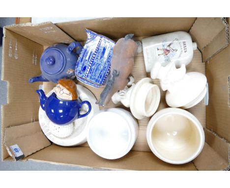 A collection of Wade Ceramic items to include Tetley Tea Folk , Bells Whiskey Decanter, Big Bad Wolf Theme Storage Jars, Ring