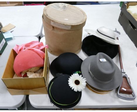 A mixed collection of ladies &amp; Gents Hats including Top Bowler, Large Kangol Hat Mid Century Ladies Hat, Shooting stick e