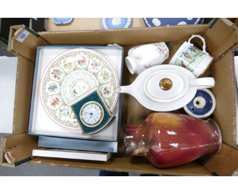 A mixed collection of items to include Royal Doulton Mantle Clock, similar Buckingham patterned teapot, Radnor floral vase, W