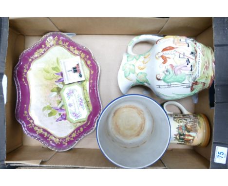 A mixed collection of items to include Staffordshire type large jug, Large Hand Painted Platter, Royal Doulton seriesware tan