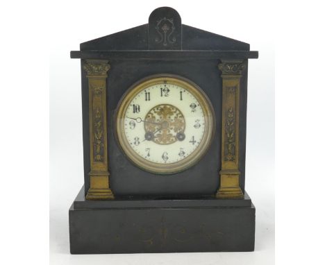 Large marble mantle clock, in carpenter made box, height 29cm, small nips to edges. 