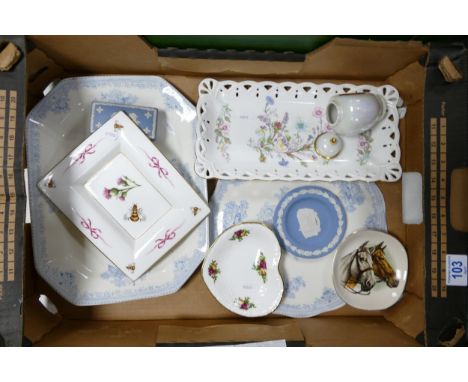 A mixed collection of items to include Wedgwood Jasperware, Wedgwood Sarah patterned pin dish, Aynsley Wild Tudor Sandwich tr