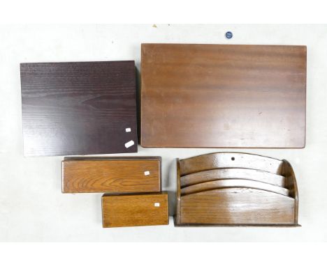 A collection of Wooden Cutlery &amp; similar boxes, oak desk tidy etc (5) 