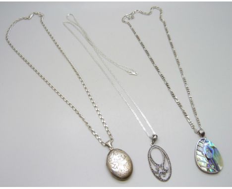 A silver, abalone and doublet opal pendant on 800 silver chain, a silver locket and another silver pendant, both on extra lon