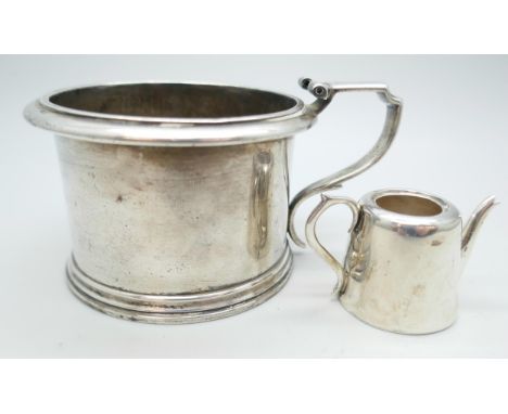 A George III silver condiment pot, a/f and a miniature silver teapot lacking lid, 109g