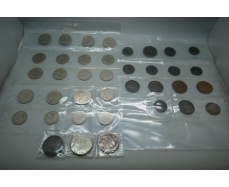 A collection of half crowns, £5 coin, two cartwheel pennies and a mixture of Victorian and Georgian coins