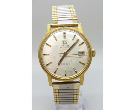 A 1970's gold plated Omega automatic Geneve bracelet watch, date aperture to three, personal engraving to case back, expandin
