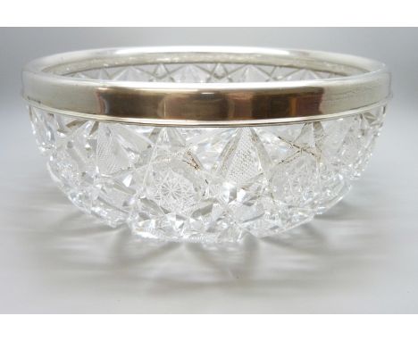 A silver mounted cut crystal bowl and a cased Japanese knife set 