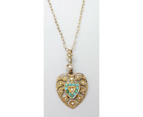 A Victorian 9ct yellow gold, turquoise and pearl heart pendant on a yellow metal chain, 3.1g