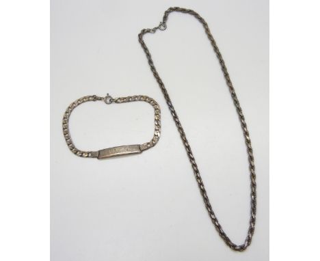 A silver rope chain necklace and a silver ID bracelet, total weight 30g