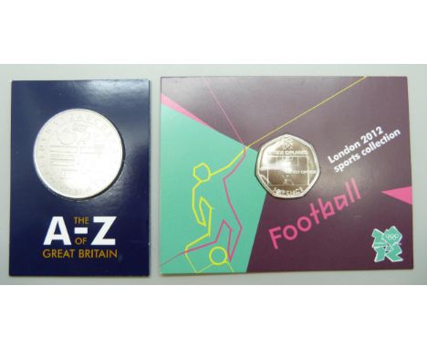 A London 2012 Sports Collection 'Football' 50p brilliant uncirculated with A-Z (10p) completer medal 