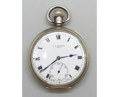 J.W. Benson top wind open face silver pocket watch, Birmingham 1934 hallmarks with Jubilee mark