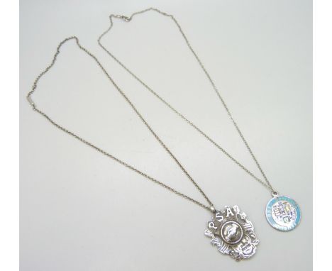 An enamelled coin, 1895, on a silver chain and another silver PSA fob on a chain