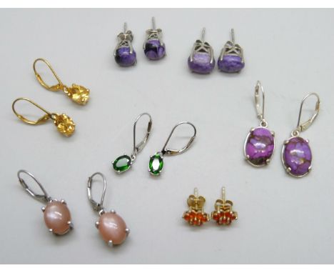Seven sterling silver earrings set with pink moonstone, 5.75ct, 4.25ct Russian Diopside, 9.5ct Mojave purple Turquoise, fire 