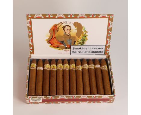 One box containing 25 x BOLIVAR BELICOSOS FINOS Cigars (52 ring gauge x 140mm length) the box has been opened, factory and da