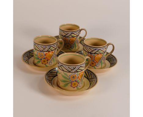 Wedgwood Cane ware Art Deco coffee cans and saucers, set of 4. Hand painted pattern, designed by Millicent Taplin. Height of 
