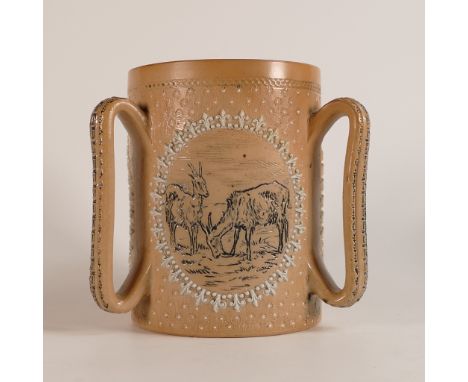 Hannah Barlow for Doulton Lambeth, an early Stoneware Tyg, incised decorated panels of Goats, h.16.5cm, r.