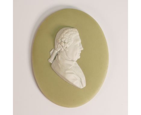 Wedgwood late 18th century portrait medallion of Admiral Viscount Augustus Keppel. Produced in white on lime green Jasper war