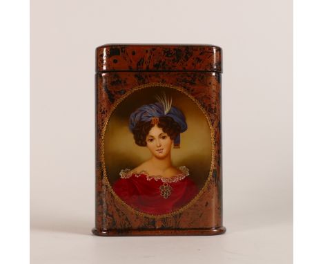 20th century Russian Lacquer cigarette case. Fine hand painted portrait of a young girl to front. Paper certificate of authen
