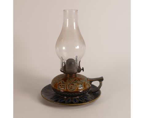 Doulton Lambeth, Saltglaze Stoneware hand oil lamp. Impressed 'Royal Doulton' backstamp with incised artist monogram for 'Edi