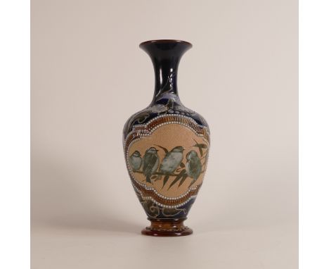 Florence Barlow for Doulton Lambeth, a Stoneware vase decorated with panel of four birds on branch, scrolling foliage borders