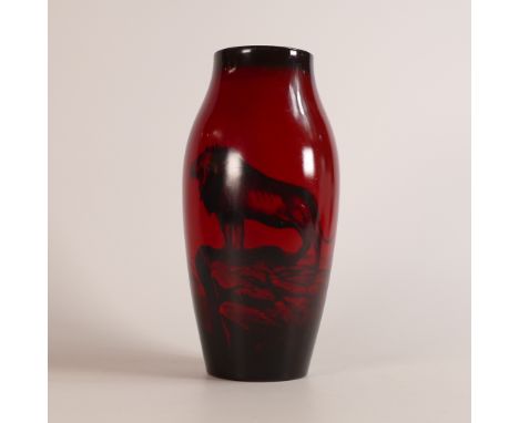 Royal Doulton, Flambe 'The Top of the World' Lion on a rock, shouldered sleeve vase. Printed black 'Royal Doulton' backstamp 