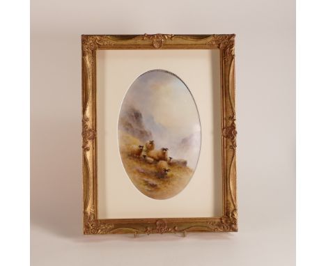 M H Fine Art ceramic oval plaque hand painted with Sheep by ex Royal Worcester artist Milwyn Holloway in gilded frame, overal