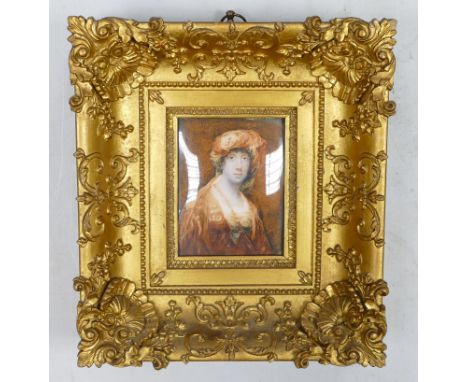 Georgian Style miniature Portrait of a lady in the 18th century Turkish fashions. In an elaborate gilt frame behind convex gl