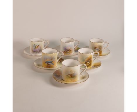 A set of Royal Worcester coffee cans and saucers, hand painted with various gamebirds by A Poole &amp; P Platt, including phe