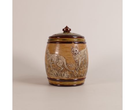 Hannah Barlow for Doulton Lambeth, a Stoneware jar &amp; cover, incised decoration all around with cats, h.15cm, r.