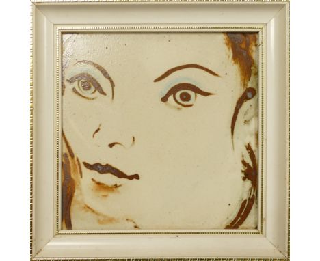 Pilkington England, 1980's ceramic tile with female portrait to front. In gilt and white square frame. Size incl. frame, Heig